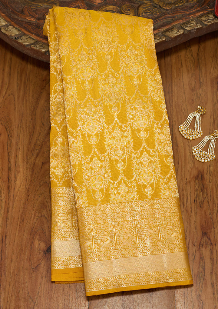Mustard Yellow Silk Jaal Saree With Matching Blouse Piece
