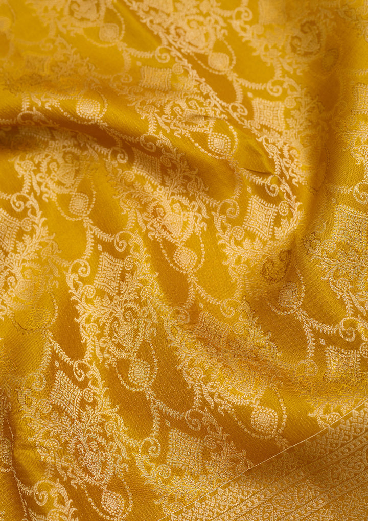 Mustard Yellow Silk Jaal Saree With Matching Blouse Piece