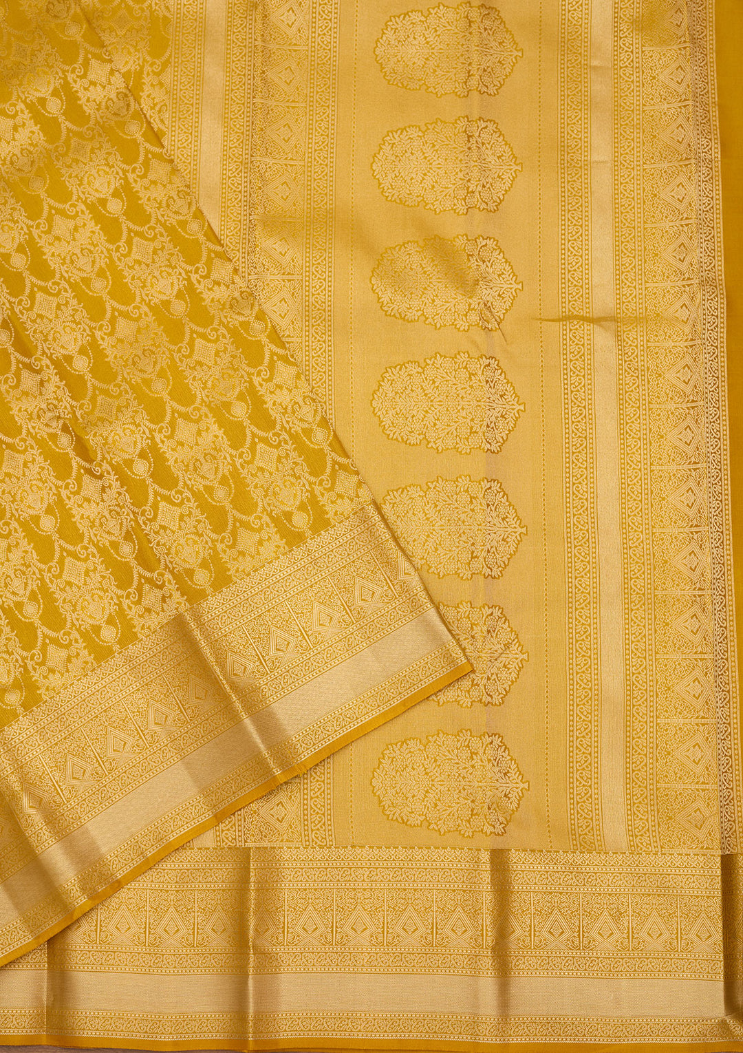 Mustard Yellow Silk Jaal Saree With Matching Blouse Piece