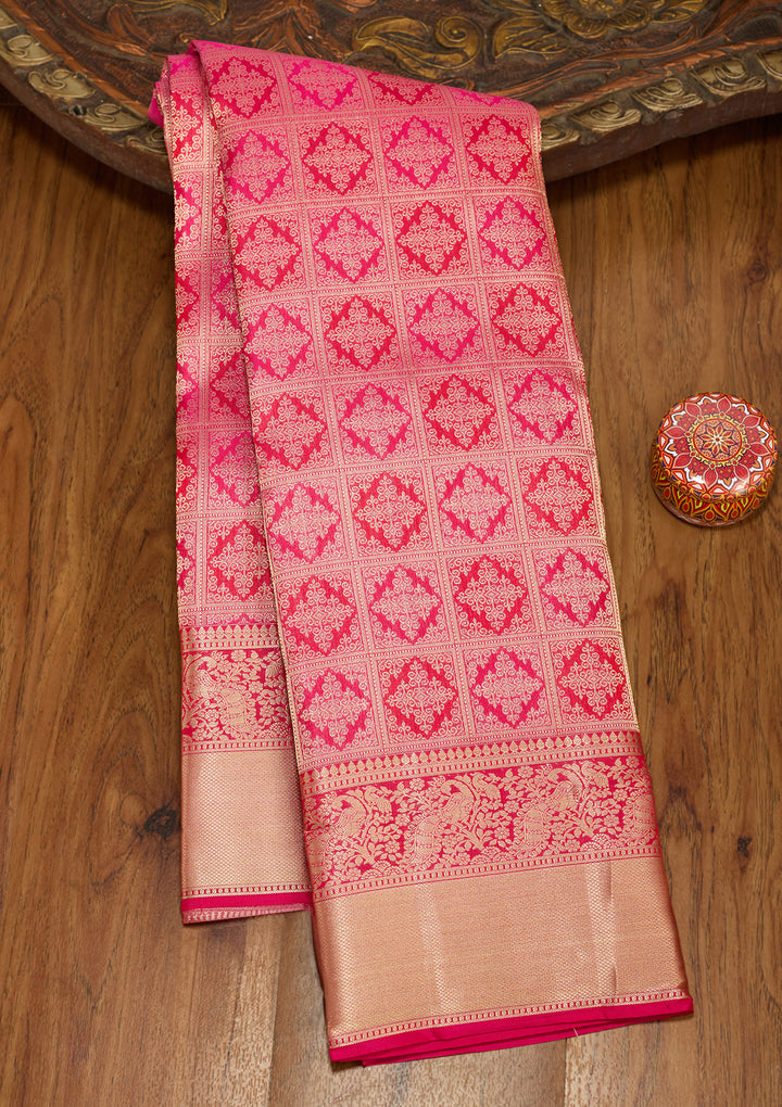 Rani Pink Silk Jaal Gold Zariwork Saree With Matching Blouse Piece