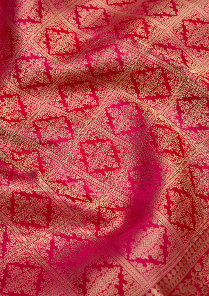 Rani Pink Silk Jaal Gold Zariwork Saree With Matching Blouse Piece