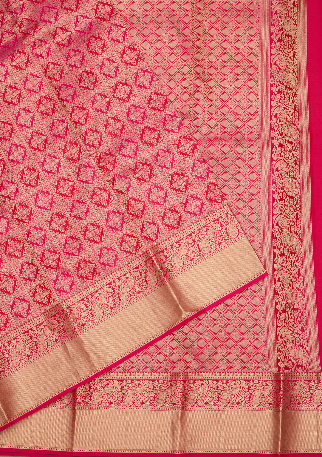 Rani Pink Silk Jaal Gold Zariwork Saree With Matching Blouse Piece