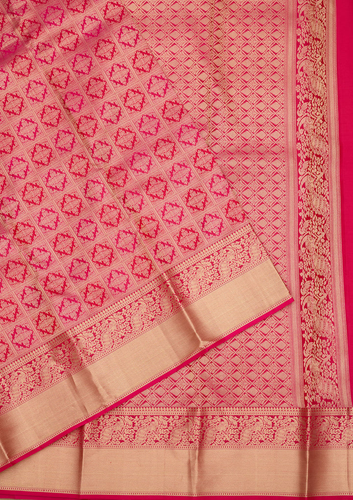 Rani Pink Silk Jaal Gold Zariwork Saree With Matching Blouse Piece