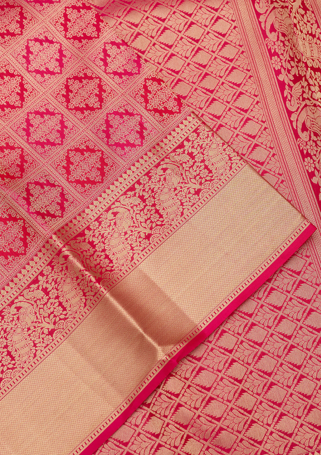 Rani Pink Silk Jaal Gold Zariwork Saree With Matching Blouse Piece