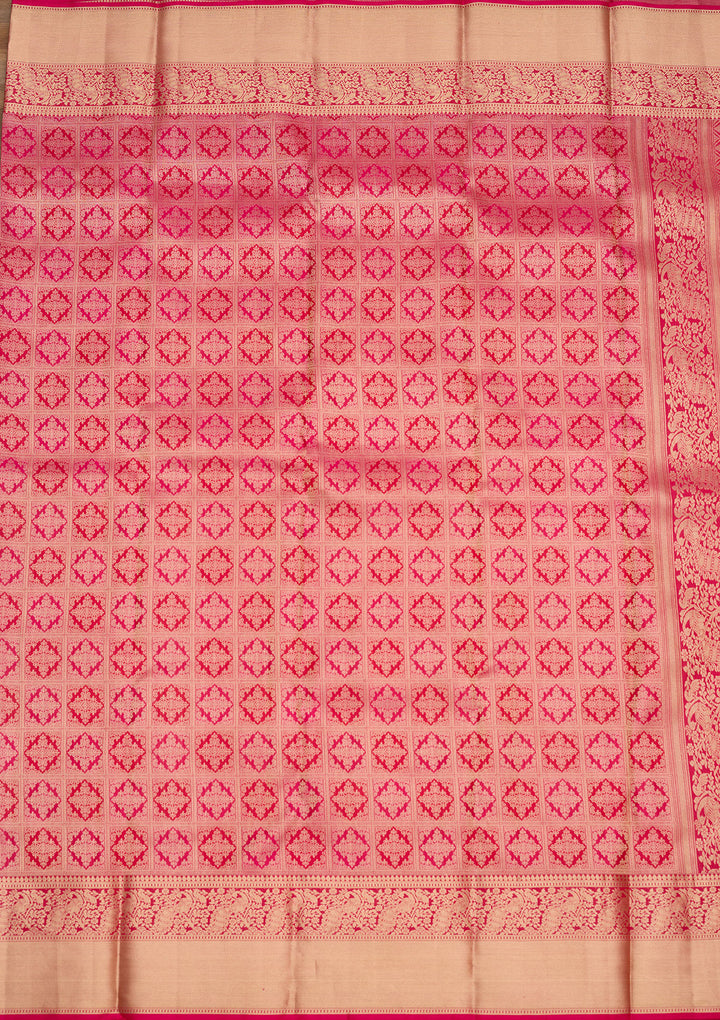 Rani Pink Silk Jaal Gold Zariwork Saree With Matching Blouse Piece