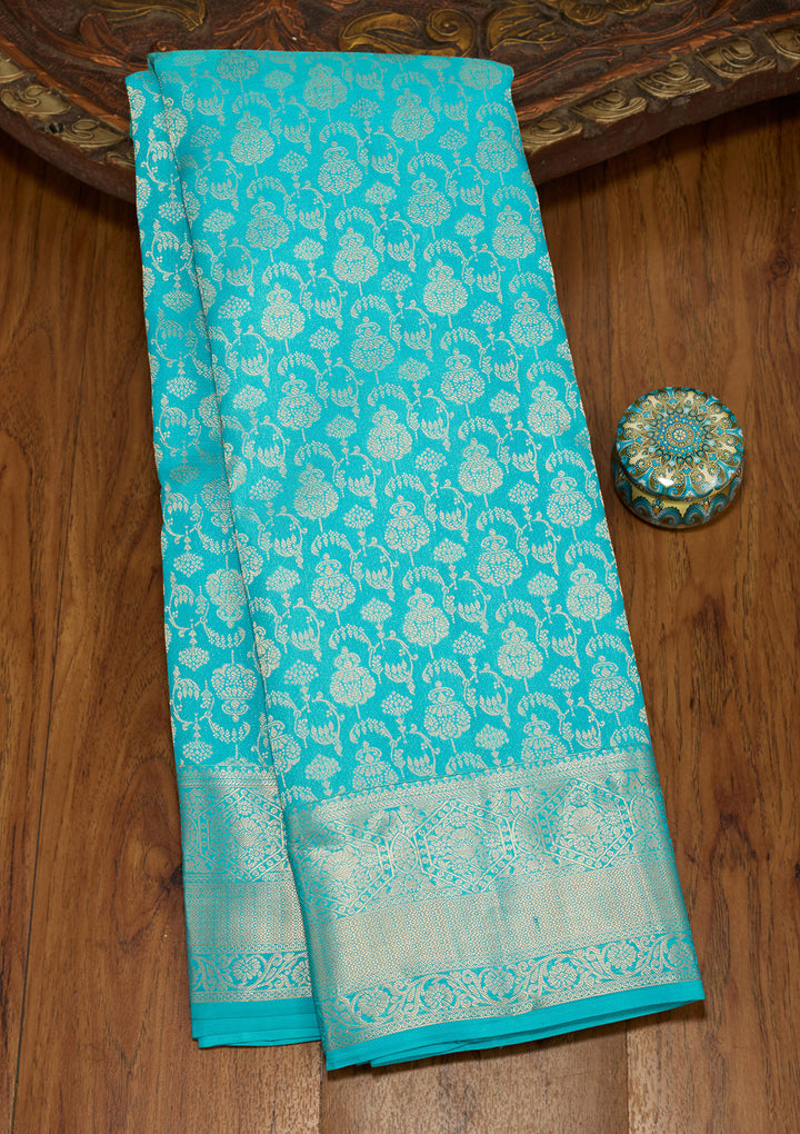 Blue Silk Jaal Gold Zariwork Saree With Matching Blouse Piece