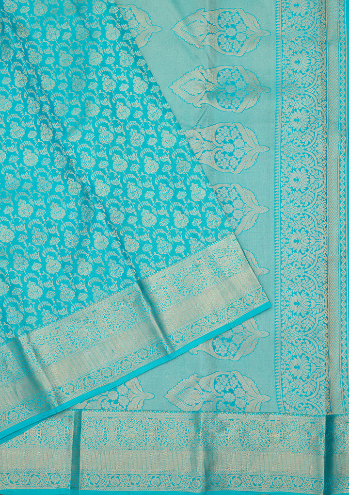 Blue Silk Jaal Gold Zariwork Saree With Matching Blouse Piece