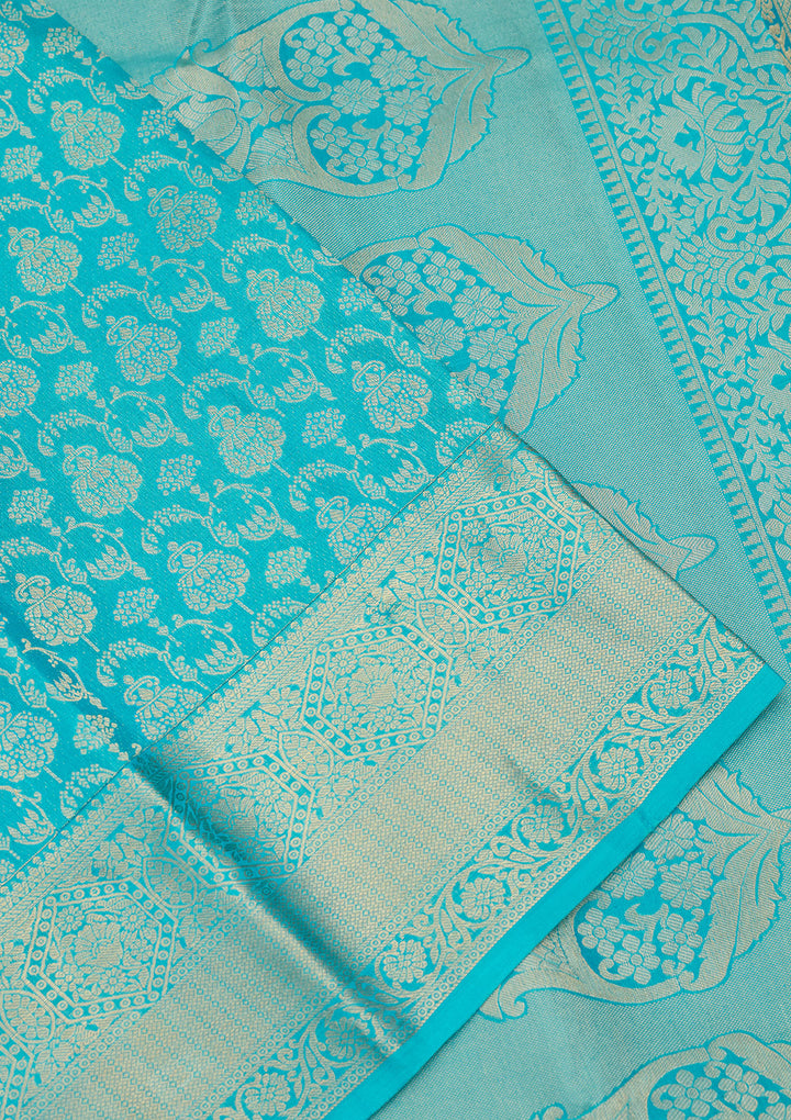 Blue Silk Jaal Gold Zariwork Saree With Matching Blouse Piece
