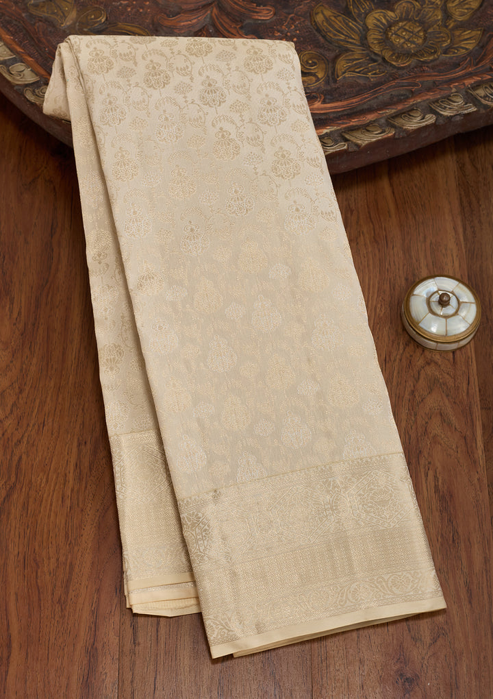 Cream Silk Jaal Gold Zariwork Saree With Matching Blouse Piece