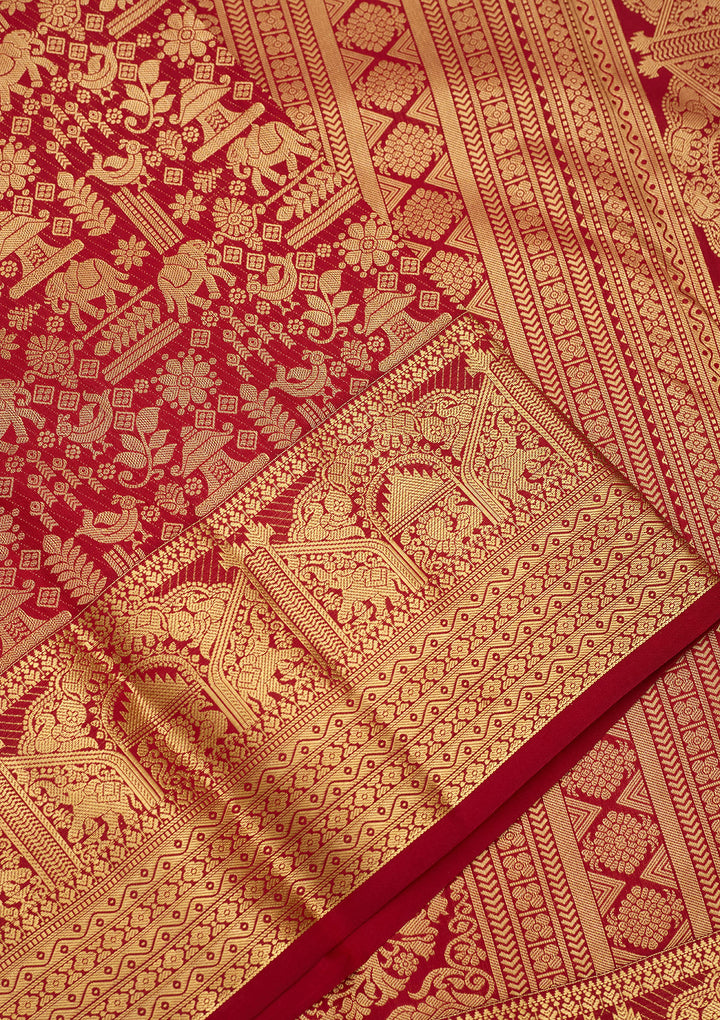 Dark Maroon Silk Jaal Saree With Matching Blouse Piece