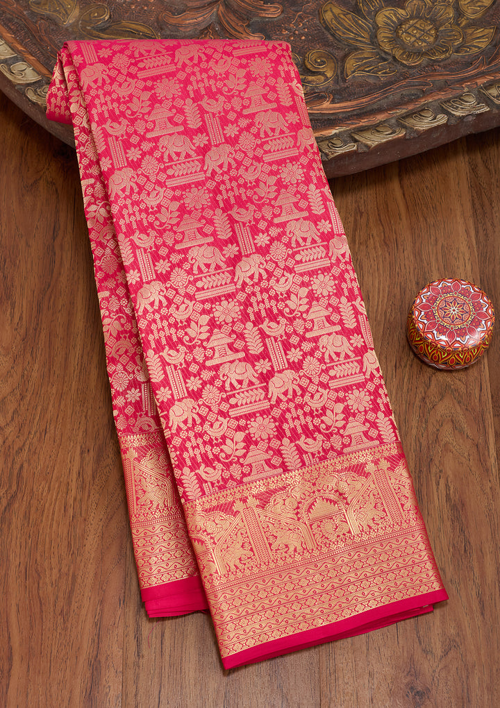 Rani Pink Silk Jaal Gold Zariwork Saree With Matching Blouse Piece