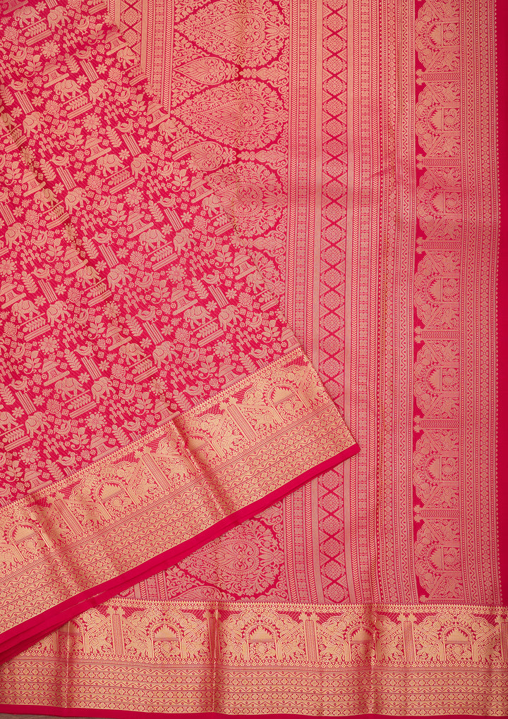 Rani Pink Silk Jaal Gold Zariwork Saree With Matching Blouse Piece