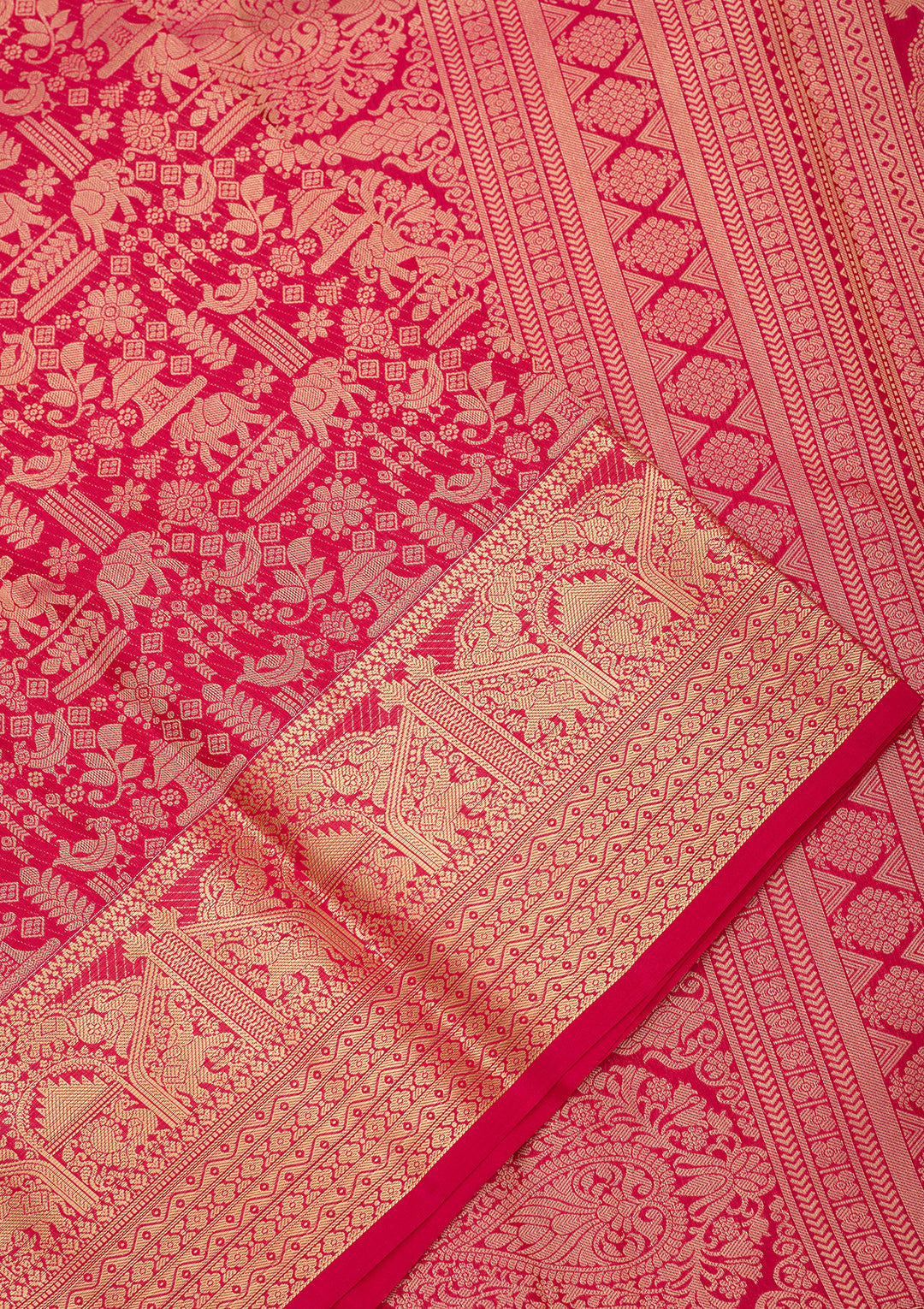 Rani Pink Silk Jaal Gold Zariwork Saree With Matching Blouse Piece