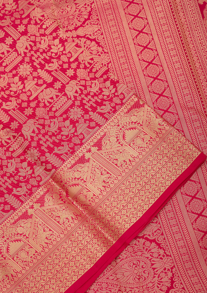 Rani Pink Silk Jaal Gold Zariwork Saree With Matching Blouse Piece
