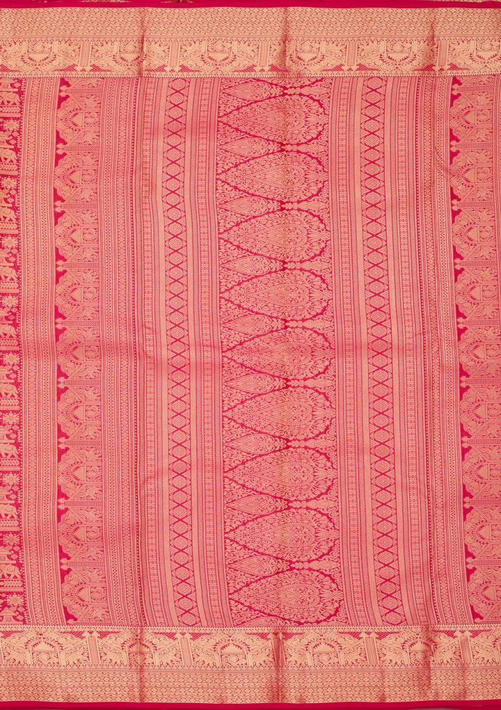 Rani Pink Silk Jaal Gold Zariwork Saree With Matching Blouse Piece