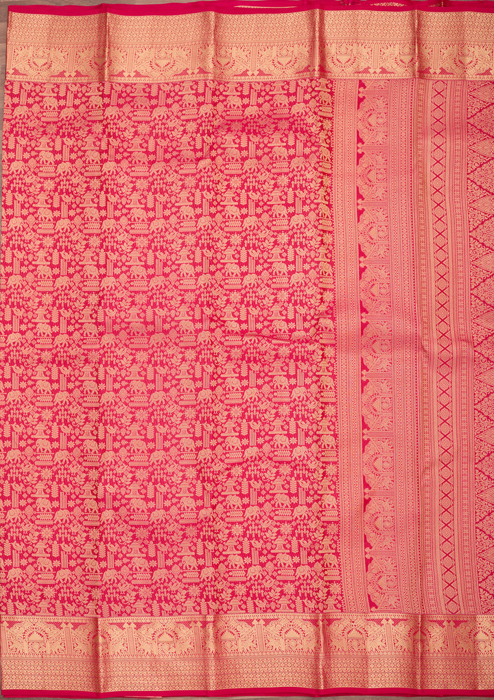 Rani Pink Silk Jaal Gold Zariwork Saree With Matching Blouse Piece