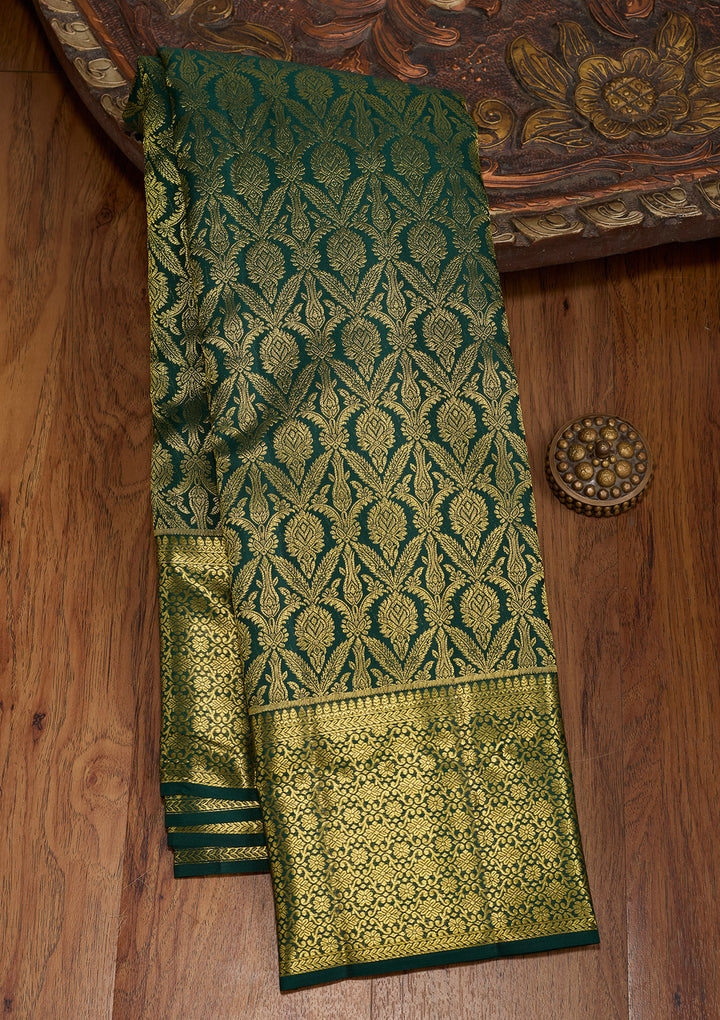 Bottle Green Silk Jaal Gold Zariwork Saree With Matching Blouse Piece