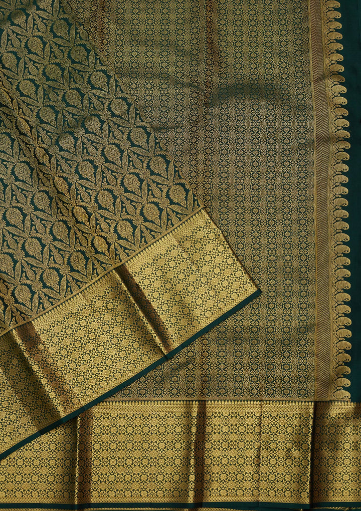 Bottle Green Silk Jaal Gold Zariwork Saree With Matching Blouse Piece