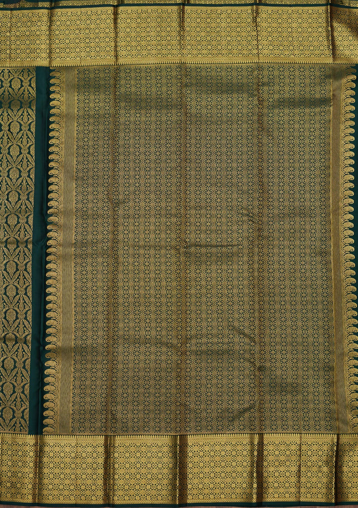 Bottle Green Silk Jaal Gold Zariwork Saree With Matching Blouse Piece
