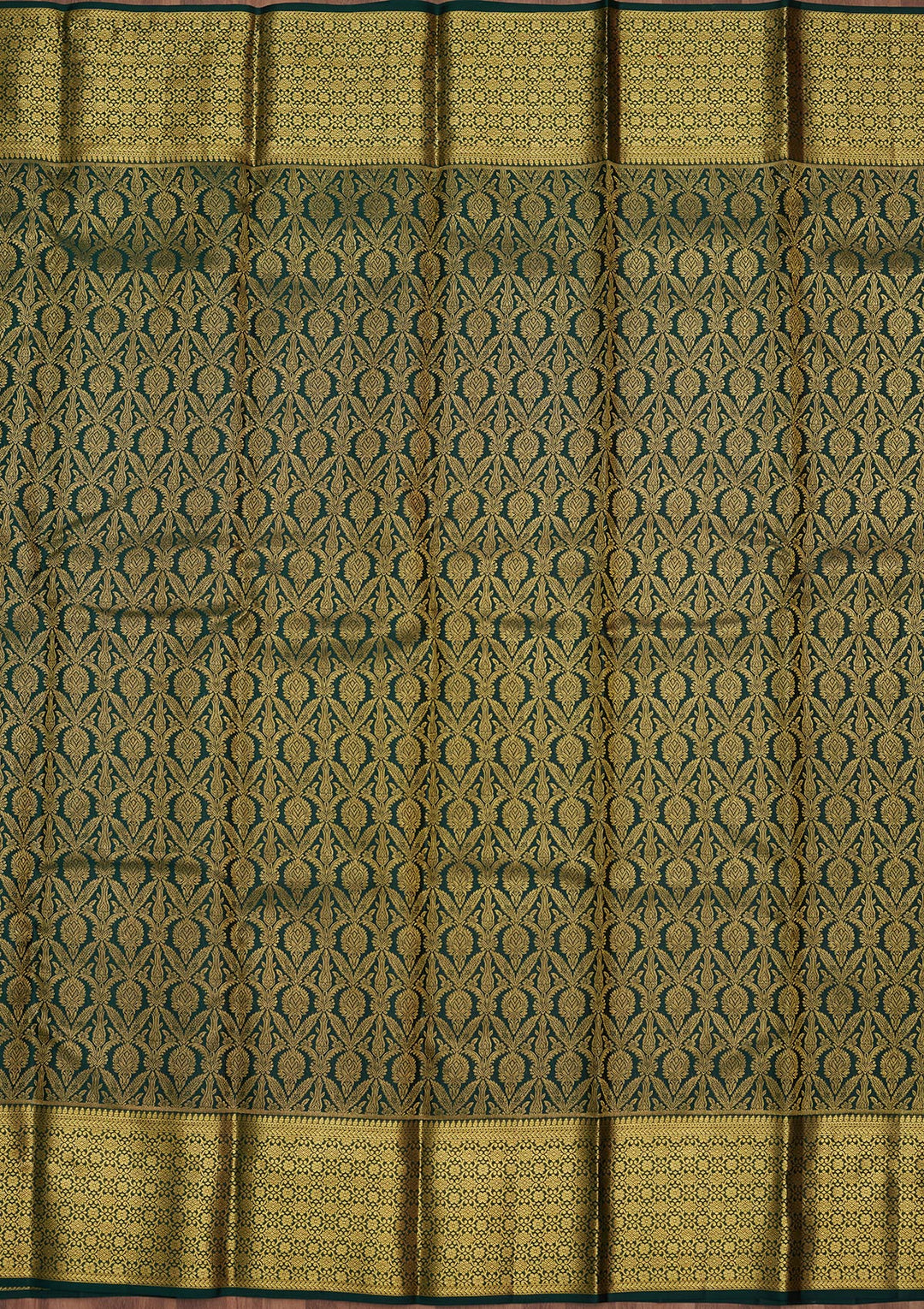Bottle Green Silk Jaal Gold Zariwork Saree With Matching Blouse Piece