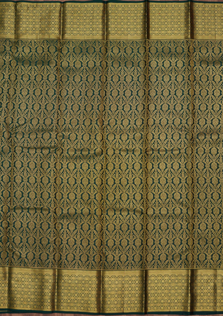Bottle Green Silk Jaal Gold Zariwork Saree With Matching Blouse Piece