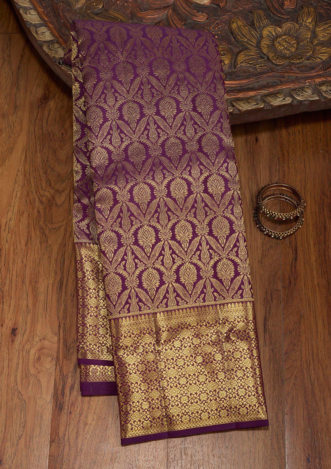 Purple Silk Jaal Gold Zariwork Saree With Matching Blouse Piece