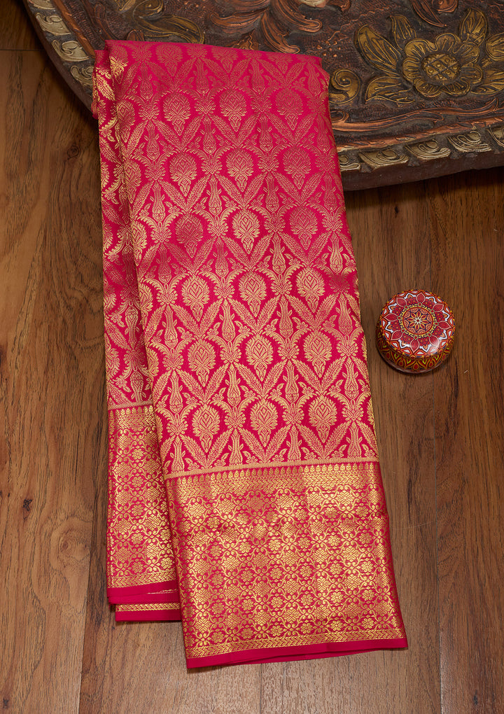 Rani Pink Silk Jaal Gold Zariwork Saree With Matching Blouse Piece