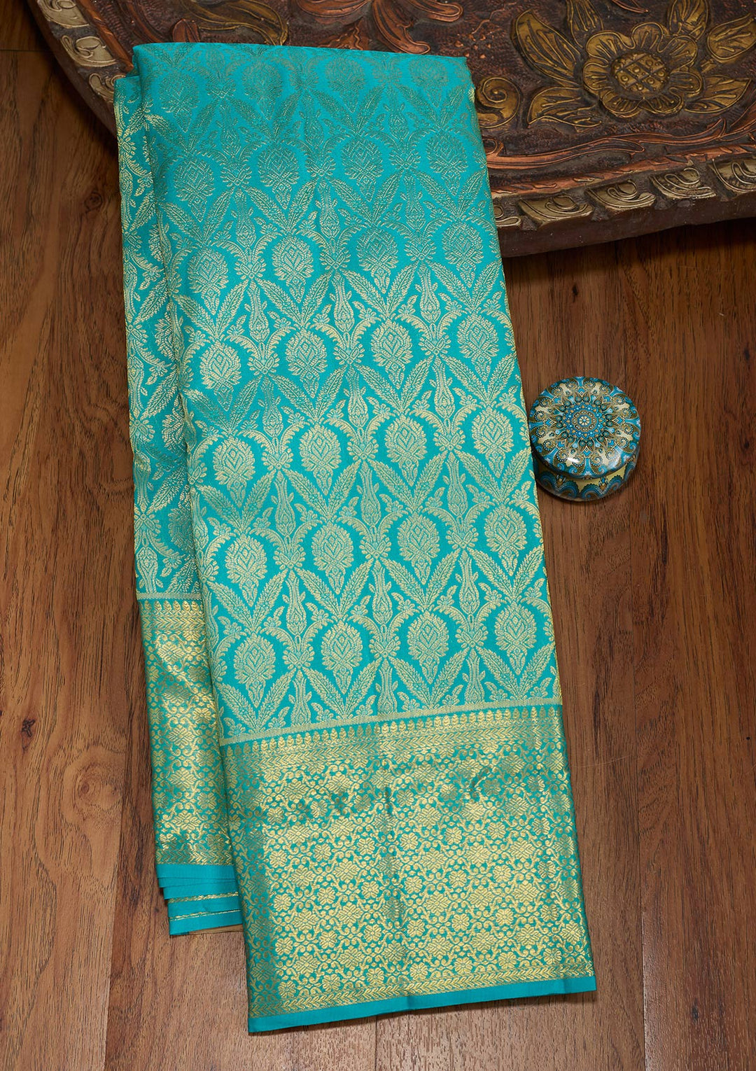 Sky Blue Silk Jaal Gold Zariwork Saree With Matching Blouse Piece