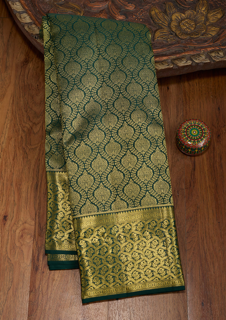 Bottle Green Silk Jaal Gold Zariwork Saree With Matching Blouse Piece