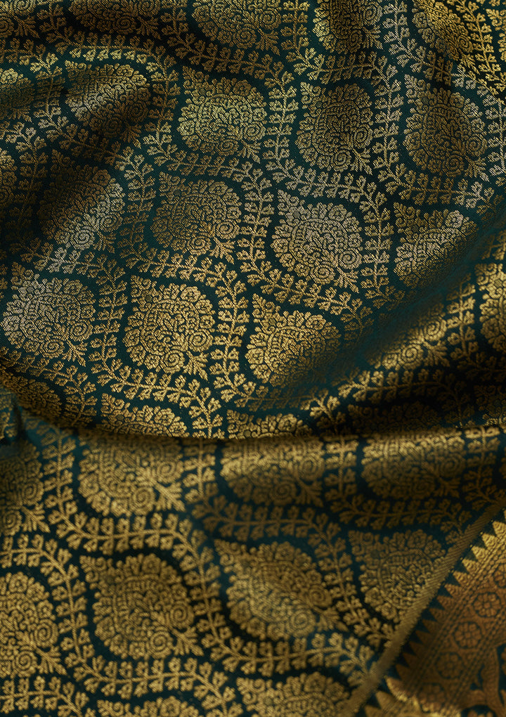 Bottle Green Silk Jaal Gold Zariwork Saree With Matching Blouse Piece