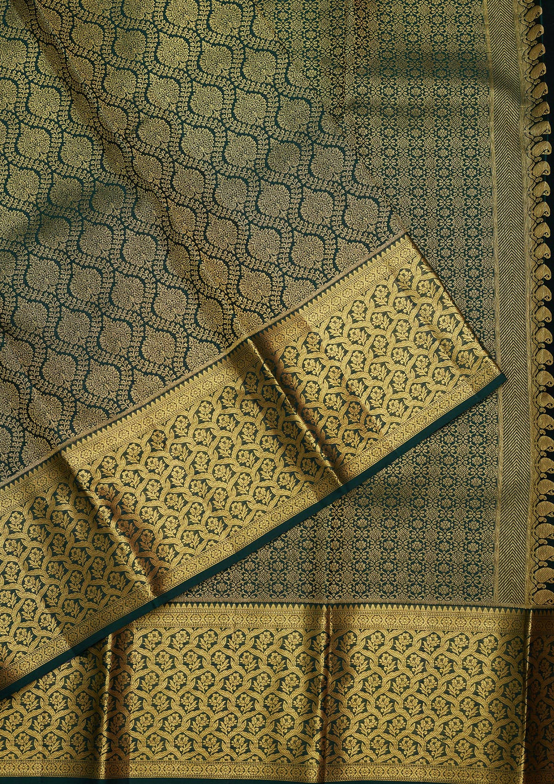 Bottle Green Silk Jaal Gold Zariwork Saree With Matching Blouse Piece