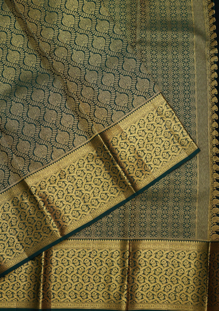 Bottle Green Silk Jaal Gold Zariwork Saree With Matching Blouse Piece