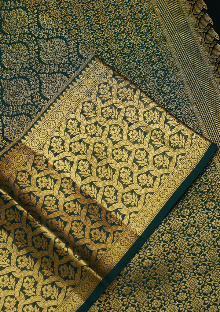 Bottle Green Silk Jaal Gold Zariwork Saree With Matching Blouse Piece