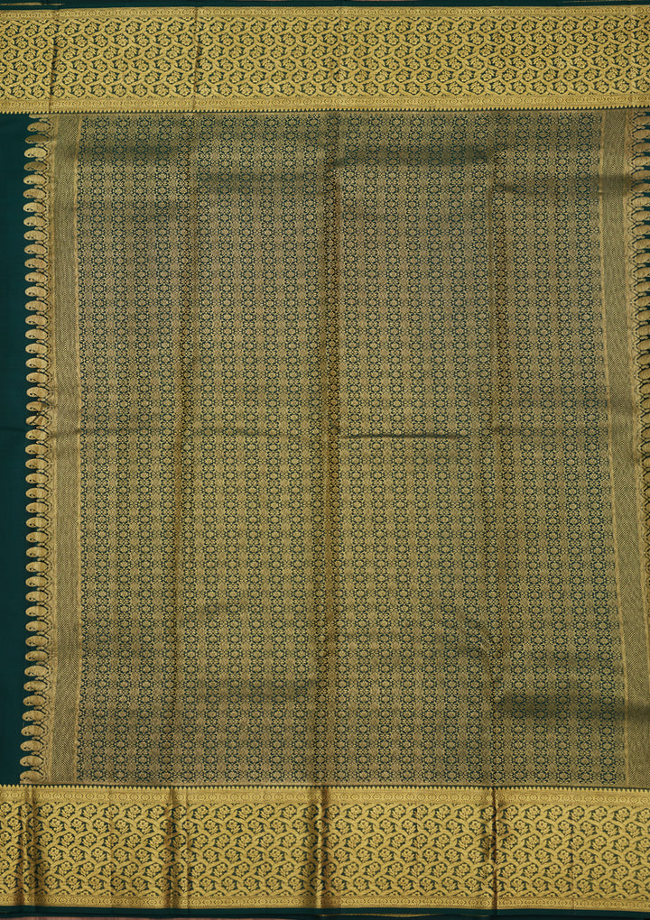 Bottle Green Silk Jaal Gold Zariwork Saree With Matching Blouse Piece