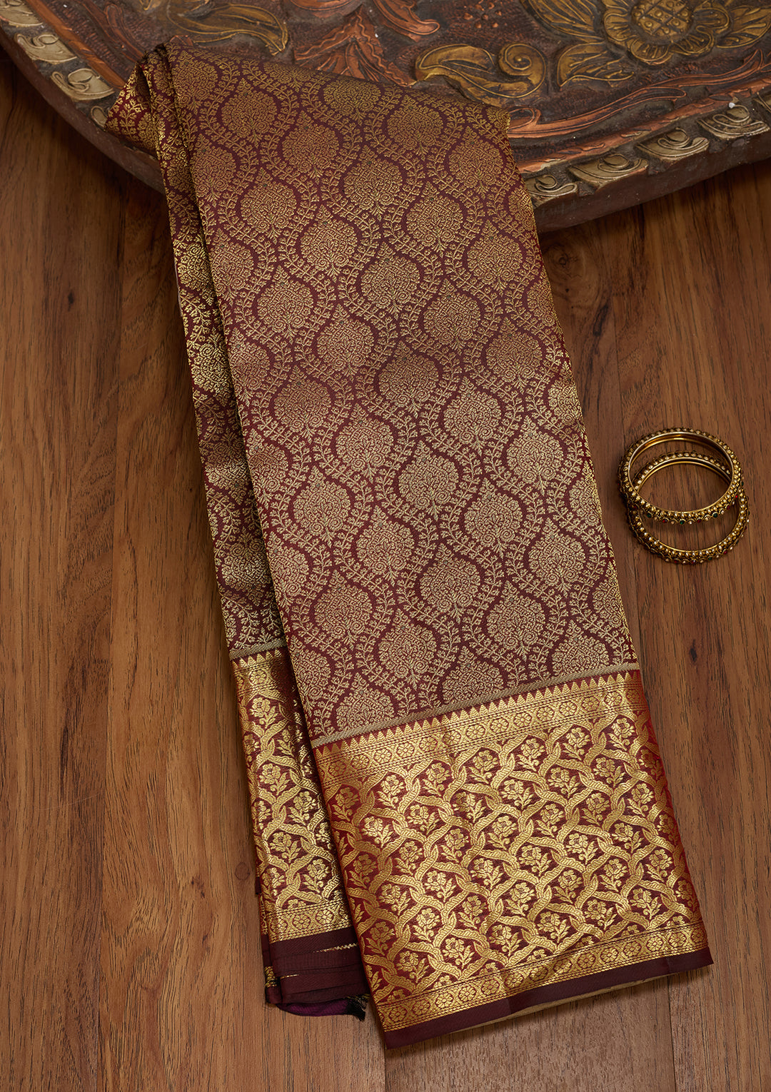 Dark Maroon Silk Jaal Gold Zariwork Saree With Matching Blouse Piece