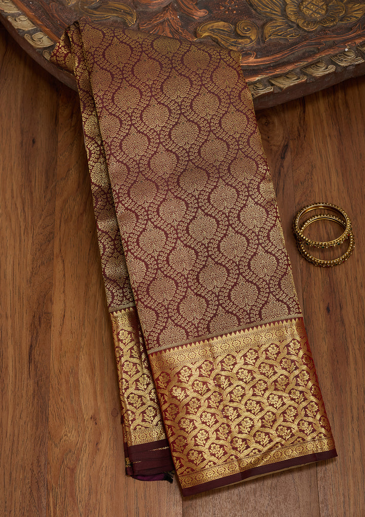 Dark Maroon Silk Jaal Gold Zariwork Saree With Matching Blouse Piece