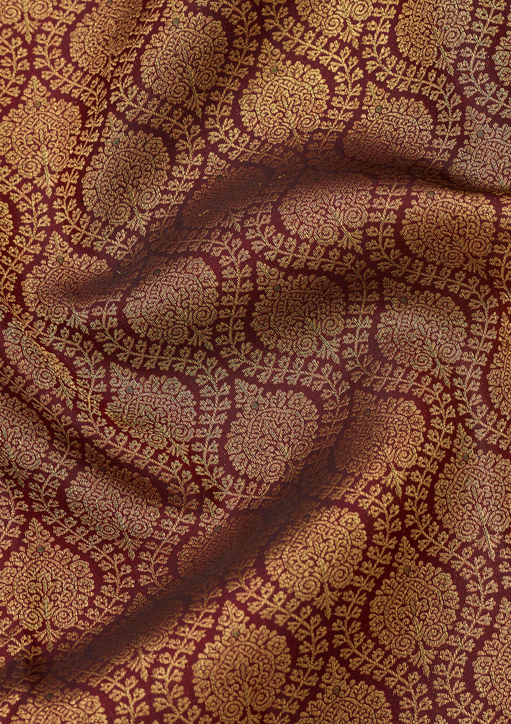 Dark Maroon Silk Jaal Gold Zariwork Saree With Matching Blouse Piece