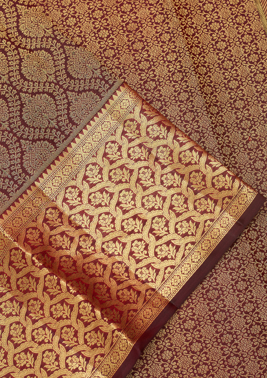 Dark Maroon Silk Jaal Gold Zariwork Saree With Matching Blouse Piece