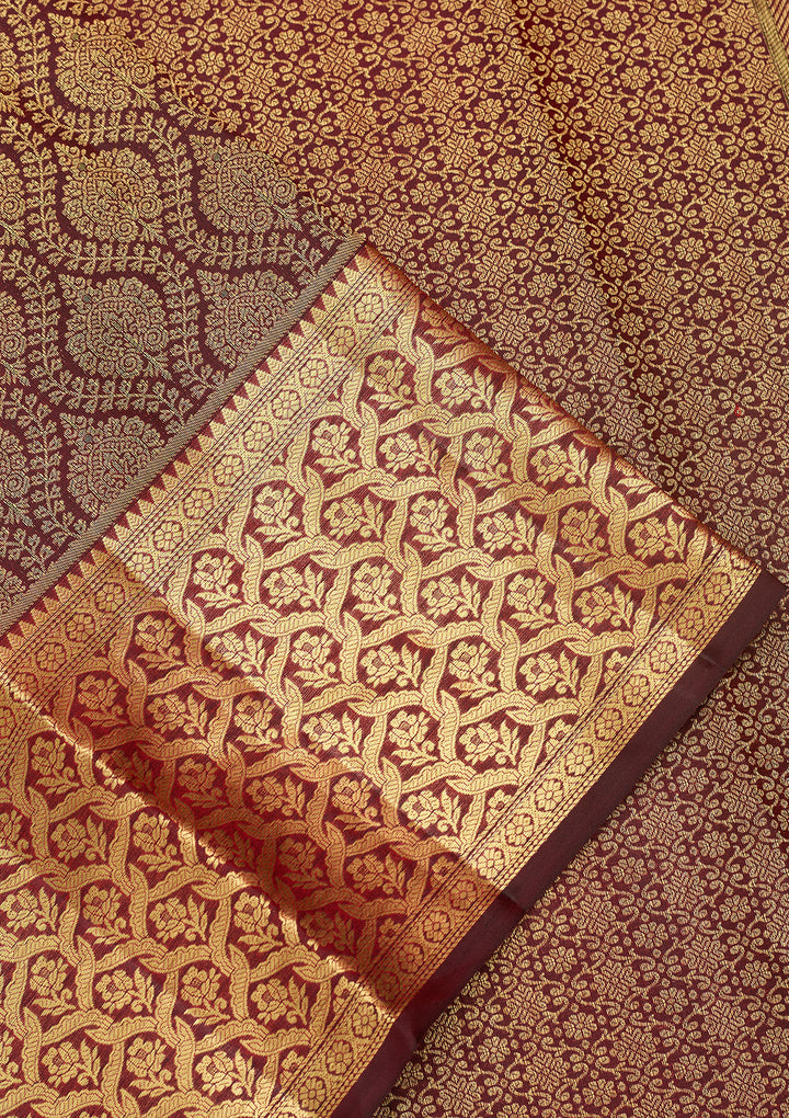 Dark Maroon Silk Jaal Gold Zariwork Saree With Matching Blouse Piece