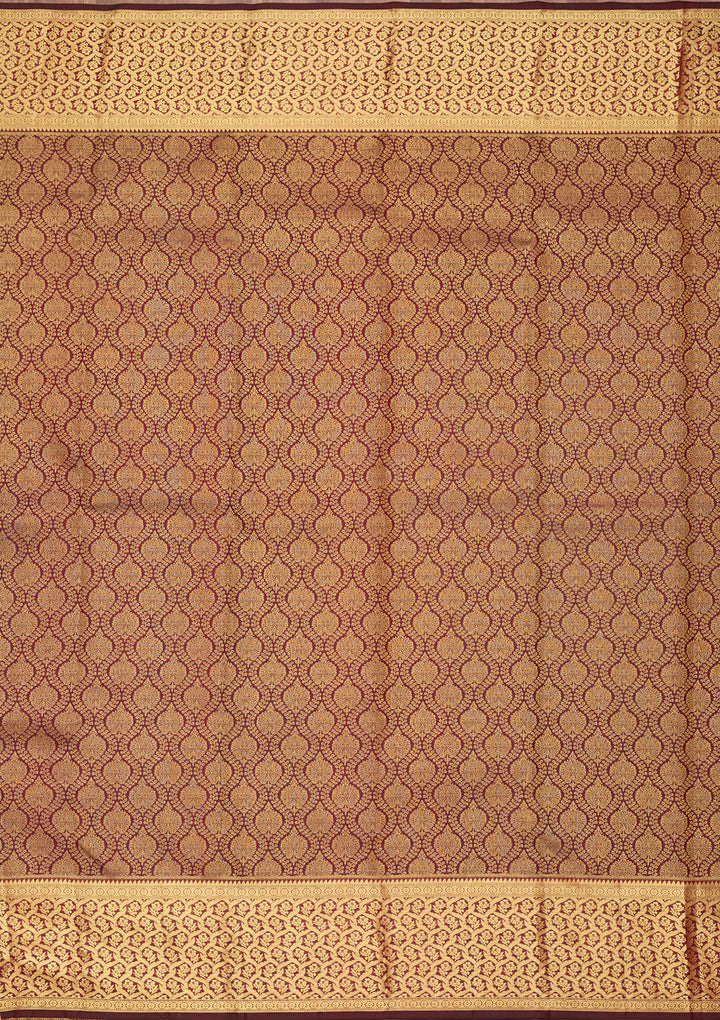 Dark Maroon Silk Jaal Gold Zariwork Saree With Matching Blouse Piece
