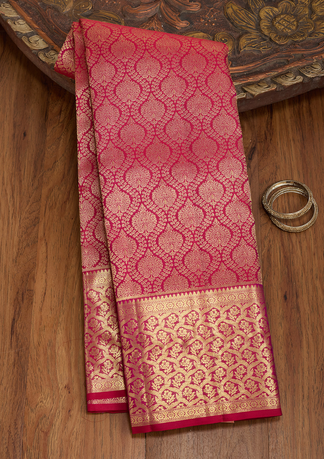 Rani Pink Silk Jaal Gold Zariwork Saree With Matching Blouse Piece