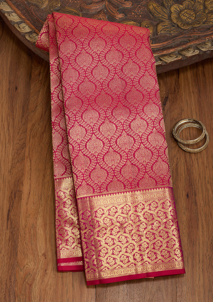 Rani Pink Silk Jaal Gold Zariwork Saree With Matching Blouse Piece