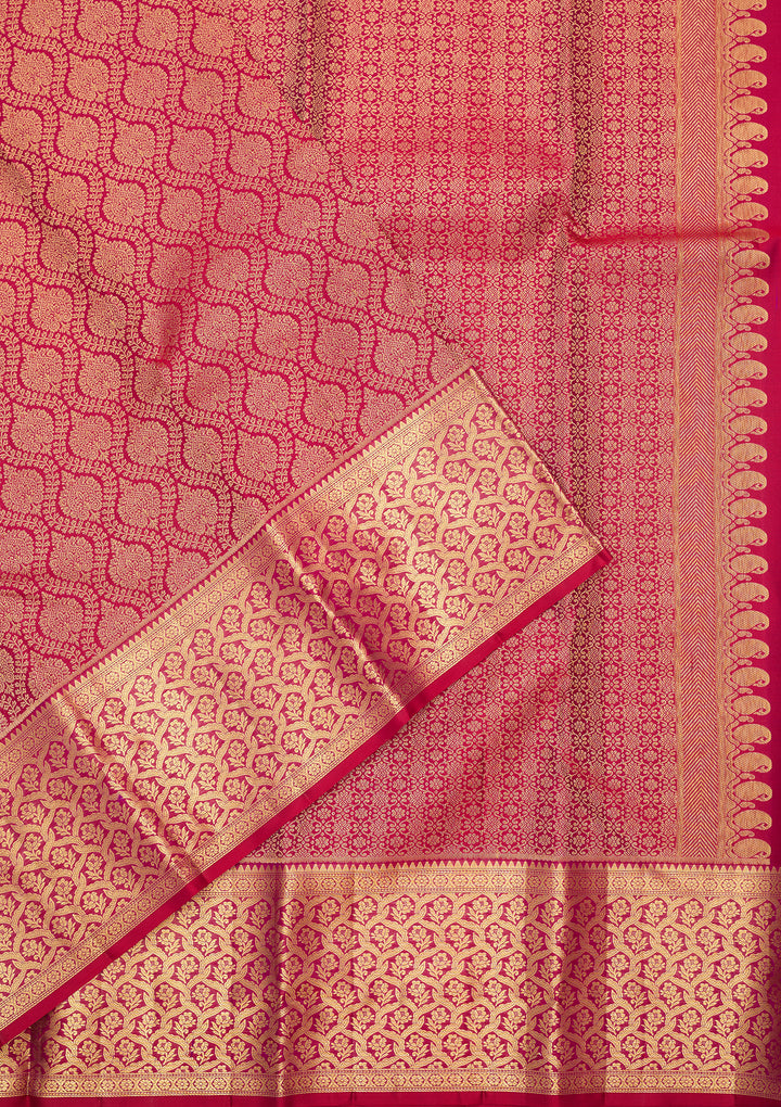 Rani Pink Silk Jaal Gold Zariwork Saree With Matching Blouse Piece