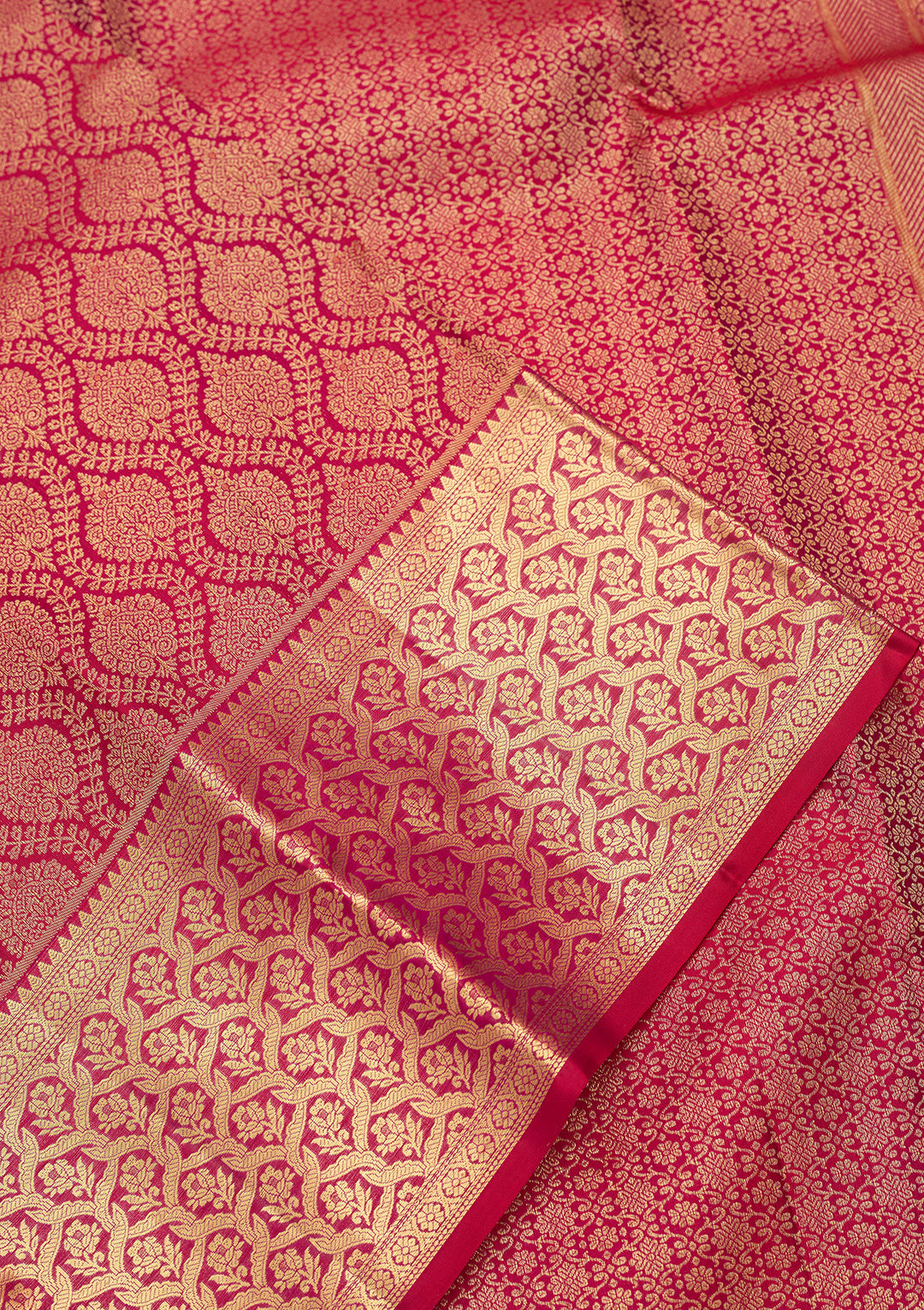 Rani Pink Silk Jaal Gold Zariwork Saree With Matching Blouse Piece