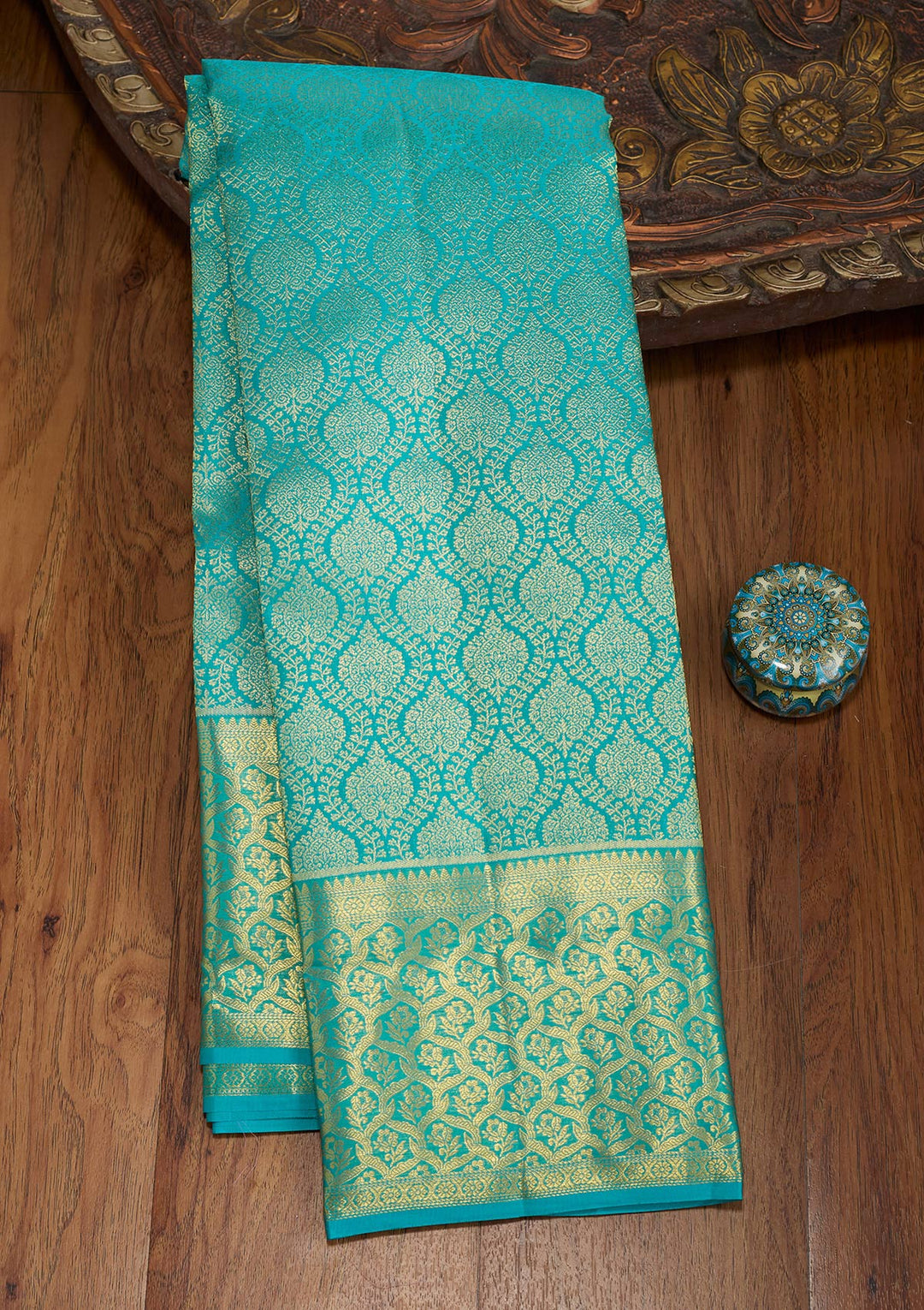 Sky Blue Silk Jaal Gold Zariwork Saree With Matching Blouse Piece