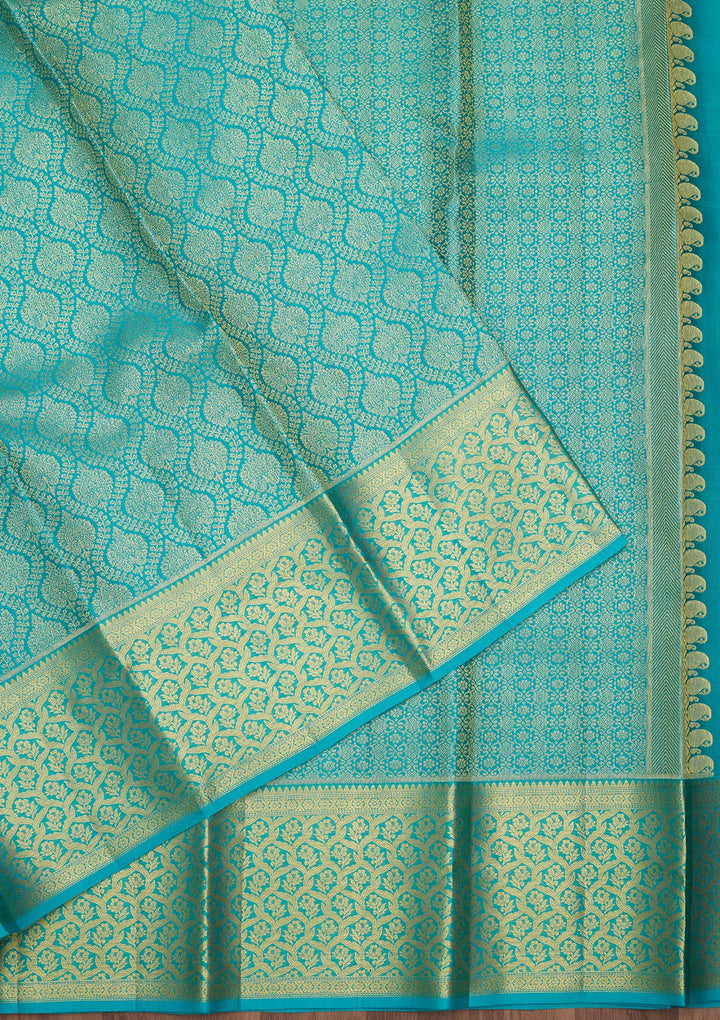 Sky Blue Silk Jaal Gold Zariwork Saree With Matching Blouse Piece