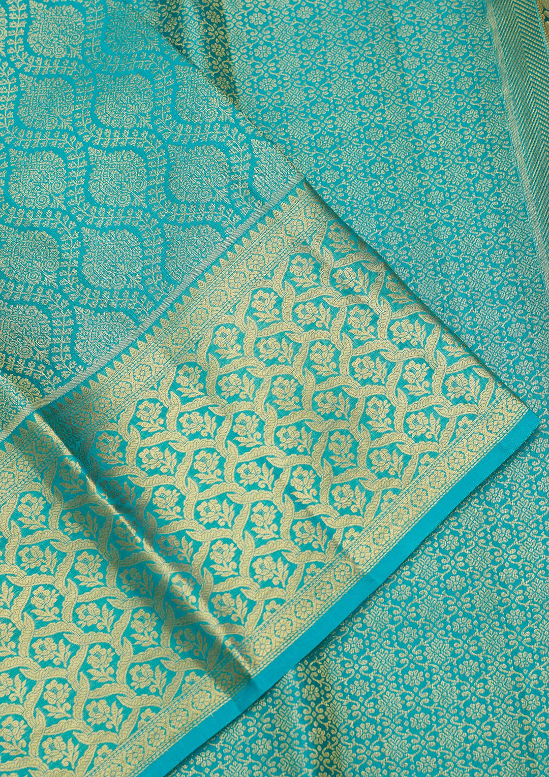 Sky Blue Silk Jaal Gold Zariwork Saree With Matching Blouse Piece