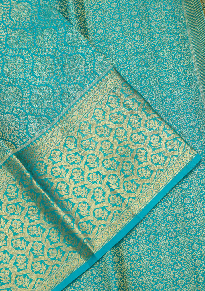 Sky Blue Silk Jaal Gold Zariwork Saree With Matching Blouse Piece