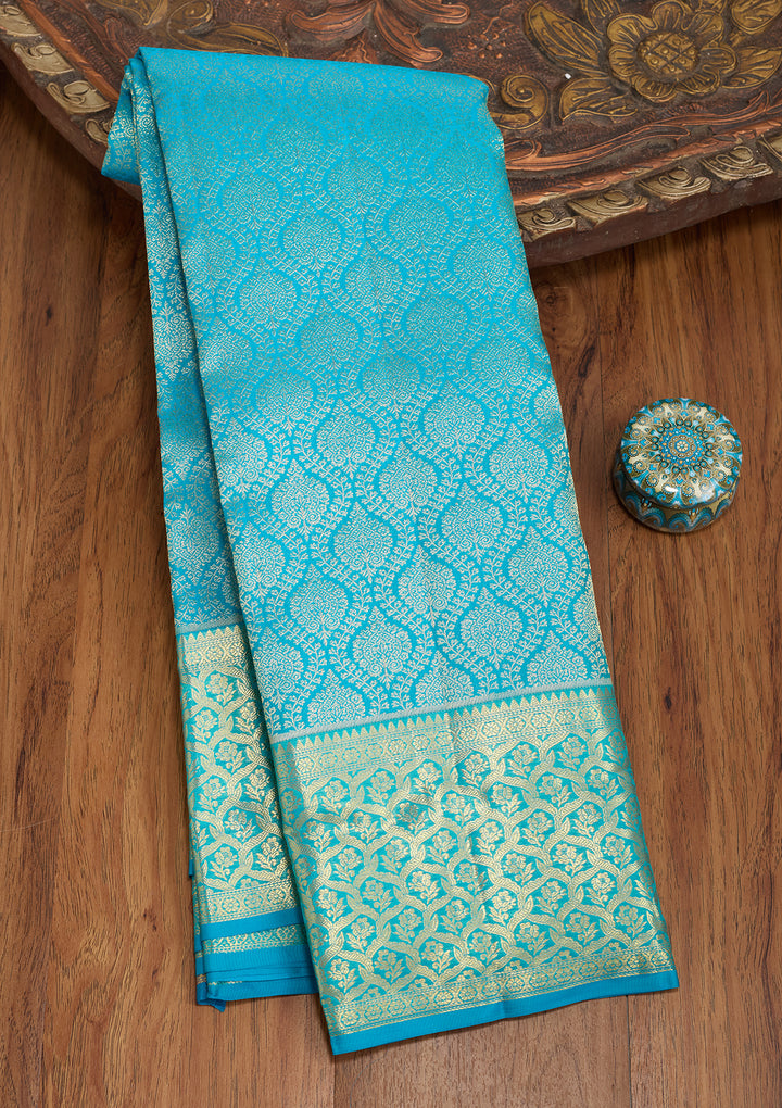 Turquoise Blue Silk Jaal Gold Zariwork Saree With Matching Blouse Piece