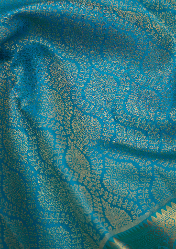 Turquoise Blue Silk Jaal Gold Zariwork Saree With Matching Blouse Piece